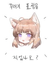 Rule 34 | 1girl, :3, :d, ahoge, animal ear fluff, animal ears, bad id, bad pixiv id, blush, brown hair, commentary request, dokomon, hand up, head, highres, korean commentary, korean text, looking at viewer, open mouth, original, purple eyes, simple background, smile, solo, translation request, white background