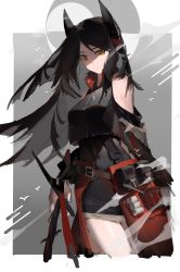 Rule 34 | 1girl, absurdres, arknights, bare shoulders, belt, belt buckle, black dress, black hair, border, brown eyes, buckle, closed mouth, cowboy shot, crescent, crescent pin, crop top, cropped legs, dg (y-cangyue), dress, grey background, highres, holding, holding weapon, horns, ines (arknights), long hair, long sleeves, looking at viewer, mole, mole under eye, outside border, pouch, solo, weapon, white border