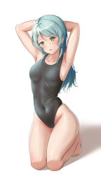 Rule 34 | 1girl, absurdres, aqua hair, armpits, arms behind head, arms up, bang dream!, bare arms, bare legs, bare shoulders, barefoot, black one-piece swimsuit, blush, breasts, breasts apart, collarbone, competition swimsuit, covered navel, full body, furiousghafo, green eyes, highleg, highleg swimsuit, highres, hikawa sayo, looking at viewer, medium breasts, one-piece swimsuit, seiza, sideboob, simple background, sitting, skindentation, swept bangs, swimsuit, white background, wide hips