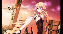 Rule 34 | 1girl, bench, blonde hair, butterfly hair ornament, camisole, clothes between thighs, english text, hair ornament, ia (vocaloid), knees up, lily (vocaloid), long hair, purple eyes, sitting, solo, very long hair, vocaloid, yuuki kira