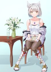 Rule 34 | 1girl, animal ears, bob cut, breasts, brown pantyhose, camisole, cat ears, chair, chest jewel, commentary, flower, highres, jacket, leggings, looking at viewer, mio (xenoblade), pantyhose, pleated skirt, sawayakakatsu, short hair, shoulder strap, sitting, skirt, small breasts, solo, tank top, white camisole, white hair, white jacket, white skirt, white tank top, xenoblade chronicles (series), xenoblade chronicles 3, yellow eyes