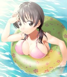 Rule 34 | 1girl, bare shoulders, bikini, black hair, breast rest, breasts, brown eyes, cleavage, from above, huge breasts, innertube, jindai komaki, large breasts, long hair, looking at viewer, low twintails, onsoku inu, partially submerged, pink bikini, saki (manga), smile, solo, swim ring, swimsuit, twintails, water