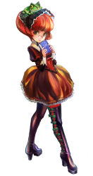 Rule 34 | 1girl, book, boots, bow, dress, frog, glasses, grimgrimoire, headdress, high heel boots, high heels, kamitani george, margarita surprise, official art, orange hair, short hair, simple background, smile, solo, thigh boots, thighhighs, yellow eyes