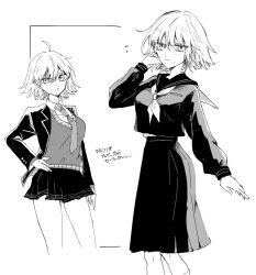 Rule 34 | 1girl, adjusting hair, ahoge, blush, breasts, cardigan, closed mouth, collared shirt, commentary request, cropped legs, fate/grand order, fate (series), flying sweatdrops, greyscale, hand on own hip, highres, jacket, jeanne d&#039;arc alter (avenger) (fate), jeanne d&#039;arc alter (fate), long skirt, long sleeves, looking at viewer, miniskirt, mo (aabx315), monochrome, multiple views, neckerchief, necktie, official alternate costume, open clothes, open jacket, pleated skirt, sailor collar, school uniform, shirt, shirt overhang, shirt tucked in, short hair, skirt, translation request
