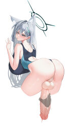Rule 34 | 1girl, 1other, absurdres, against wall, animal ear fluff, animal ears, ass, back cutout, blue archive, breasts, cleft of venus, clothing cutout, cropped legs, cross hair ornament, disembodied hand, erection, full-package futanari, futanari, grey hair, hair ornament, halo, handjob, highres, huge breasts, huge penis, invisible wall, large testicles, open mouth, penis, pussy, rolling eyes, shiroko (blue archive), shiroko (swimsuit) (blue archive), shiroko terror (blue archive), simple background, simsim han-u, testicles, two-tone one-piece swimsuit, uncensored, veins, veiny penis, white background, wolf ears
