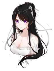 Rule 34 | 1girl, akira (ying), blush, breasts, cleavage, hair ornament, long hair, looking at viewer, original, purple eyes, simple background, smile, solo, white background