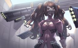 Rule 34 | 1girl, arms at sides, brown eyes, brown hair, commentary request, covered navel, directed-energy weapon, energy gun, energy weapon, girls&#039; frontline, highres, hispol (04-uma-alpha), juliet sleeves, long hair, long sleeves, mask, puffy sleeves, respirator, sangvis ferri, scarecrow (girls&#039; frontline), solo, twintails, weapon