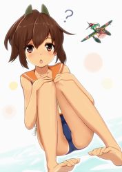 Rule 34 | 10s, 1girl, ?, aircraft, airplane, barefoot, blush, brown eyes, brown hair, crotch, fairy (kancolle), feet, hair between eyes, i-401 (kancolle), kantai collection, looking at viewer, open mouth, ponytail, sailor collar, school swimsuit, seiran (kancolle), short hair, simple background, sitting, soles, solo, swimsuit, swimsuit under clothes, takitsubo, tan, tanline, toes