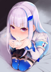 Rule 34 | 0marusankaku, 1girl, absurdres, after fellatio, armband, bed, blue hair, blue shirt, blue skirt, blue thighhighs, blunt bangs, blush, cum, cum in mouth, cum in nose, cum on clothes, cum on hands, cum string, facial, foreshortening, from above, garter straps, highres, jacket, light blue hair, lize helesta, long hair, long sleeves, looking at viewer, miniskirt, multicolored hair, nijisanji, nose blush, on bed, pleated skirt, purple eyes, seiza, shirt, sidelocks, sitting, skirt, solo, stray pubic hair, thigh strap, thighhighs, thighs, two-tone hair, virtual youtuber, white hair, white jacket, zettai ryouiki