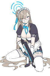 Rule 34 | 1girl, absurdly long hair, absurdres, alfie (tmdals7645), apron, assault rifle, asuna (blue archive), asymmetrical bangs, bandaid, bandaid on face, bandaid on nose, black dress, black footwear, blue archive, blue eyes, bodice, bow, bowtie, breasts, brown hair, bullpup, choker, cleavage, closed mouth, dress, elbow gloves, famas, gloves, gun, hair bun, halo, high heels, highres, holding, holding gun, holding weapon, large breasts, long hair, looking at viewer, maid headdress, on one knee, one eye closed, puffy short sleeves, puffy sleeves, rifle, short dress, short sleeves, simple background, smile, solo, strappy heels, thighhighs, trigger discipline, very long hair, waist apron, weapon, white background, white gloves, white thighhighs