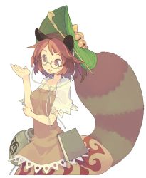 Rule 34 | 1girl, animal ears, bell, blush stickers, brown eyes, brown hair, dress, futatsuiwa mamizou, glasses, gourd, highres, kiseru, layered dress, leaf, leaf on head, looking away, looking to the side, md5 mismatch, morino hon, notebook, open mouth, raccoon ears, raccoon tail, resized, short hair, short sleeves, simple background, smile, smoking pipe, solo, string, tail, touhou, white background