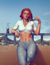 Rule 34 | atom eve, blue sky, coca-cola, curvy, denim, green eyes, invincible (series), jeans, jewelry, krystopher decker, midriff, necklace, pants, parted lips, red hair, shirt, sky, sunglasses, tied shirt, white shirt