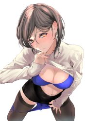 Rule 34 | 1girl, akiyama cz4a, black skirt, black thighhighs, blue bra, blue panties, blush, bow, bow panties, bra, breasts, brown hair, cleavage, clothes lift, earrings, from above, hair behind ear, hair between eyes, hand up, highres, jewelry, lifting own clothes, long sleeves, looking at viewer, looking up, medium breasts, nail polish, navel, original, panties, panty pull, pink nails, shirt, shirt lift, short hair, side-tie panties, simple background, skirt, slit pupils, solo, thighhighs, underwear, white background, white shirt, yellow eyes
