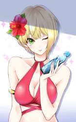 Rule 34 | 1girl, aoyashio rin, arm at side, armlet, bare arms, bare shoulders, bikini, bikini top only, blonde hair, bottle, breasts, cleavage, collarbone, fingernails, flower, glint, green eyes, hair flower, hair ornament, halterneck, head tilt, hibiscus, highres, holding, holding bottle, idolmaster, idolmaster cinderella girls, lips, looking at viewer, medium breasts, miyamoto frederica, nail polish, one eye closed, parted lips, pink nails, ramune, red bikini, short hair, smile, solo, sparkle, swimsuit, upper body