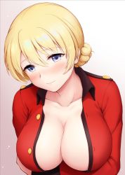 Rule 34 | 1girl, arm under breasts, blonde hair, blue eyes, blush, braid, breasts, chacharan, collarbone, darjeeling (girls und panzer), epaulettes, french braid, girls und panzer, gradient background, jacket, large breasts, long sleeves, looking at viewer, military jacket, noseblush, open clothes, open jacket, red jacket, school uniform, short hair, smile, solo, st. gloriana&#039;s military uniform, upper body