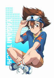 Rule 34 | 1boy, adjusting clothes, adjusting headwear, arm up, bad id, bad tumblr id, binary, blue background, blue footwear, blue shirt, brown eyes, brown hair, brown shorts, character name, closed mouth, commentary, digimon, digimon adventure, digimon adventure: (2020), goggles, goggles on head, hair between eyes, highres, indian style, looking at viewer, male focus, maro (lij512), shirt, shoes, shorts, signature, sitting, smile, sneakers, socks, solo, spiked hair, star (symbol), star print, t-shirt, two-tone background, white background, white socks, yagami taichi