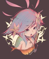 Rule 34 | 1girl, :p, artist name, bare shoulders, black background, blue hair, bug, butterfly, cropped torso, flower, hair flower, hair ornament, highres, bug, leaf, league of legends, neeko (league of legends), open mouth, popolocroits, simple background, solo, strap slip, tongue, tongue out, yellow eyes