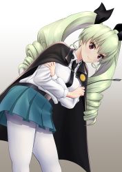 Rule 34 | 1girl, absurdres, anchovy (girls und panzer), anzio school uniform, belt, black belt, black cape, black necktie, black ribbon, black skirt, cape, closed mouth, commentary, crossed arms, dress shirt, drill hair, emblem, girls und panzer, gradient background, green hair, grey background, hair ribbon, highres, holding, holding riding crop, leaning forward, long hair, long sleeves, looking at viewer, miniskirt, necktie, pantyhose, pleated skirt, prefecture54, red eyes, ribbon, riding crop, school uniform, shirt, skirt, smile, solo, standing, twin drills, twintails, white pantyhose, white shirt, wing collar