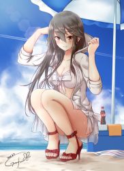 Rule 34 | 10s, 1girl, beach, beach umbrella, bikini, black hair, blush, breasts, brown eyes, cleavage, day, front-tie top, gurifu, hair between eyes, haruna (kancolle), high heels, hood, hooded jacket, hoodie, jacket, jacket over swimsuit, kantai collection, light particles, light rays, long hair, looking at viewer, open clothes, open hoodie, toeless footwear, outdoors, sand, sandals, sarong, shoes, smile, solo, squatting, sweat, swimsuit, thighs, track jacket, umbrella, white bikini, white jacket, yellow eyes
