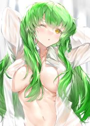 Rule 34 | 1girl, ;o, absurdres, arms behind head, breasts, c.c., code geass, hair between eyes, highres, kou mashiro, large breasts, long hair, long sleeves, looking at viewer, navel, one eye closed, open clothes, open shirt, shirt, solo, white shirt, yellow eyes