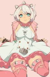 Rule 34 | 1girl, ahoge, aqua eyes, black gloves, boots, bracelet, breasts, clover, collar, dress, elphelt valentine, fingerless gloves, four-leaf clover, frilled dress, frills, gloves, guilty gear, guilty gear strive, hairband, highres, huge ahoge, jacket, jewelry, large breasts, long sleeves, looking at viewer, microphone, pink background, pink dress, pink footwear, pink hairband, pink jacket, semham, short hair, sideboob, sitting, skull print, spiked bracelet, spiked collar, spiked hairband, spiked jacket, spikes, thigh boots, two-tone dress, wariza, white dress, white hair