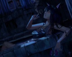 Rule 34 | 1girl, a0lp, animal ears, arknights, artist name, bandaid, bandaid on arm, bath, black hair, breasts, cigarette, cigarette pack, commentary, curtains, english commentary, fingernails, highres, holding, holding cigarette, jewelry, long hair, looking up, medium breasts, night, pendant, shirt, smoking, solo, texas (arknights), twitter username, wet, wet clothes, wet shirt, window, wolf ears, wolf girl, yellow eyes