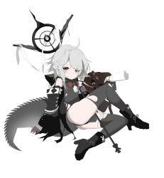 Rule 34 | 1girl, arknights, ass, black footwear, black jacket, boots, brown eyes, brown gloves, closed mouth, commentary request, crocodilian tail, full body, gloves, grey hair, grey leotard, grey thighhighs, hair over one eye, half gloves, high heel boots, high heels, highres, jacket, kele mimi, leotard, long hair, long sleeves, looking at viewer, pointy ears, puffy long sleeves, puffy sleeves, simple background, sleeves past wrists, solo, staff, tail, thighhighs, thighhighs under boots, tomimi (arknights), white background