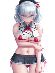 Rule 34 | 1girl, arm under breasts, bare arms, bare shoulders, beret, bikini, blue eyes, blush, breast hold, breasts, cleavage, closed mouth, collarbone, commentary request, covered erect nipples, cowboy shot, gluteal fold, grey skirt, groin, hair between eyes, hat, highres, kantai collection, kashima (kancolle), kerchief, large breasts, long hair, looking at viewer, micro bikini, navel, oekakizuki, open clothes, pink bikini, pleated skirt, red neckwear, side-tie bikini bottom, sidelocks, silver hair, simple background, skindentation, skirt, solo, stomach, string bikini, sweat, swimsuit, twintails, wavy hair, white background