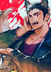 Rule 34 | 1boy, abstract background, animal ears, bara, black hair, black jacket, chain, dog boy, dog ears, dog tail, dorohedoro, eye tattoo, fangs, fangs out, hand on own face, highres, jacket, kai (dorohedoro), kemonomimi mode, looking at viewer, male focus, open clothes, open jacket, open mouth, panco, pectoral cleavage, pectorals, purple shirt, shirt, sideburns, solo, tail, thick eyebrows, upper body