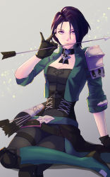 Rule 34 | 1girl, arrow (projectile), bad id, bad pixiv id, black gloves, black hair, black pants, blue eyes, boots, breasts, cleavage, closed mouth, fire emblem, fire emblem: three houses, gloves, green footwear, green jacket, grey background, hair between eyes, highres, holding, holding arrow, jacket, knee boots, looking at viewer, medium breasts, nintendo, open clothes, open jacket, pants, resolution mismatch, riou (pooh920), shamir nevrand, short hair, sitting, sleeves rolled up, smile, solo, source smaller