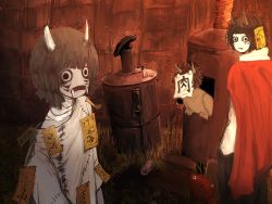 Rule 34 | 3boys, absurdres, black hair, building, can, cape, closed mouth, facial mark, fangs, fish, grass, highres, horns, looking at viewer, mask, multiple boys, oni, oni horns, open mouth, original, outdoors, oversized clothes, oversized shirt, pale skin, red cape, shirt, spell card, water heater, traditional youkai, zange050