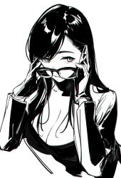 1girl black_gloves breasts cleavage glasses gloves hands_up large_breasts long_hair looking_at_viewer minakata_hizuru mole_beside_mouth monochrome nineo parted_lips removing_eyewear scoop_neck simple_background sketch solo summertime_render upper_body white_background