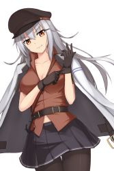 Rule 34 | 10s, 1girl, black gloves, black pantyhose, black skirt, blazer, blunt bangs, breasts, brown eyes, gangut (kancolle), gangut dva (kancolle), ghound, gloves, hat, highres, jacket, jacket on shoulders, kantai collection, large breasts, long hair, miniskirt, navel, pantyhose, peaked cap, pleated skirt, red shirt, shirt, silver hair, simple background, skirt, solo, white background