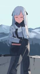 Rule 34 | 1girl, ak-12 (girls&#039; frontline), black footwear, braid, closed eyes, closed mouth, collared shirt, crossed legs, french braid, girls&#039; frontline, hair ribbon, hand on own cheek, hand on own face, highres, hinami047, long hair, midriff, mountainous horizon, outdoors, parted bangs, ribbon, scenery, shirt, silver hair, sitting, smile, tactical clothes