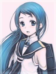 Rule 34 | 10s, 1girl, blue eyes, blue hair, blue neckerchief, elbow gloves, gloves, kantai collection, lactmangan, long hair, looking at viewer, looking to the side, machinery, matching hair/eyes, neckerchief, open mouth, personification, pink background, samidare (kancolle), school uniform, serafuku, simple background, sleeveless, smile, solo, swept bangs, upper body