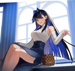 Rule 34 | 1girl, bag, bare shoulders, blue eyes, blue hair, blue nails, blunt bangs, breasts, colored inner hair, denim, denim skirt, detached sleeves, ear piercing, eus ing, fang, hair intakes, handbag, high-waist skirt, highres, hololive, hololive english, large breasts, long hair, long skirt, long sleeves, looking at viewer, multicolored hair, nail polish, ouro kronii, ouro kronii (casual), piercing, shirt, sideboob, sitting, skirt, sleeves past wrists, smile, teeth, thighs, turtleneck, two-tone hair, very long hair, virtual youtuber, white shirt