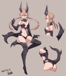 Rule 34 | 1girl, ass, black bra, black eyes, black gloves, black pants, bra, breasts, dated, demon girl, demon horns, elbow gloves, gloves, grey background, hand up, horns, lamb-oic029, leg wings, looking at viewer, low twintails, medium breasts, multiple views, navel, original, pants, parted lips, pointy ears, signature, simple background, smile, tail, twintails, underwear, wings