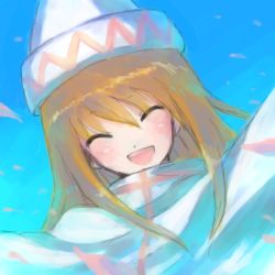Rule 34 | 1girl, :d, ^ ^, blonde hair, blush, close-up, closed eyes, dress, female focus, hat, lily white, lowres, onimaru gonpei, open mouth, smile, solo, tate eboshi, touhou, upper body, white dress