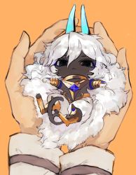 Rule 34 | 1boy, arjuna (fate), arjuna alter (fate), black eyes, blue horns, cat tail, chibi, closed mouth, dark-skinned male, dark skin, fate/grand order, fate (series), fluffy, highres, horns, in palms, long hair, looking at viewer, male focus, orange background, pants, simple background, solo focus, tail, very long hair, white hair, white pants