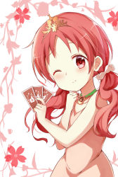 Rule 34 | 1girl, ;), absurdres, bare arms, bare shoulders, blush, card, closed mouth, dress, floral background, gochuumon wa usagi desu ka?, hair ornament, hair scrunchie, hands up, highres, holding, holding card, long hair, low twintails, natsu megumi, one eye closed, pink dress, red eyes, red hair, scrunchie, sleeveless, sleeveless dress, smile, solo, stick jitb, tiara, twintails, upper body, white background, white scrunchie
