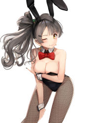 Rule 34 | 1girl, ;), animal ears, bare shoulders, black leotard, black nails, blush, bow, bowtie, breast hold, breasts, cleavage, detached collar, earrings, fake animal ears, fingernails, fishnet pantyhose, fishnets, grey hair, groin, hair ornament, hair rings, hairclip, hand on own thigh, heart, heart earrings, highres, jewelry, leaning forward, leotard, long hair, looking at viewer, love live!, love live! school idol project, medium breasts, minami kotori, nail polish, one eye closed, pantyhose, playboy bunny, rabbit ears, red bow, red bowtie, side ponytail, simple background, smile, solo, standing, sunga2usagi, white background, wrist cuffs, yellow eyes