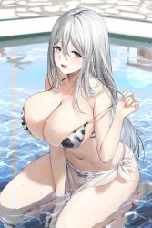 Rule 34 | 1girl, absurdres, animal print, bikini, bikini pull, breasts, cleavage, clothes pull, cow print, grey eyes, grey hair, highres, large breasts, lillly, lips, long hair, looking at viewer, navel, original, outdoors, parted lips, pulling own clothes, sarong, seiza, sitting, smile, solo, stomach, strap pull, swimsuit, teeth, thighs, upper teeth only, very long hair, water, wet, wet clothes, wet swimsuit