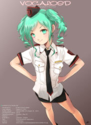 Rule 34 | 00s, 10s, 1girl, 2007, 2013, character name, copyright name, earrings, green eyes, green hair, hands on own hips, hat, hatsune miku, highres, jewelry, kowiru, matching hair/eyes, necktie, skirt, smile, solo, twintails, vocaloid
