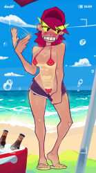 Rule 34 | 1girl, beach, blush, breasts, cloud, doubt (thedo ubt), foster&#039;s home for imaginary friends, frankie foster, full body, hat, highres, medium breasts, navel, nipples, ocean, outdoors, red hair, sand, sandals, shorts, sky, solo, summer, sweat, swimsuit