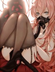 Rule 34 | 1girl, blue eyes, covering privates, covering breasts, garter straps, gas mask, hair censor, hair over breasts, kaname (cherry0732), long hair, looking at viewer, mask, megurine luka, pink hair, respirator, solo, thighhighs, vocaloid
