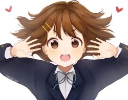 Rule 34 | 1girl, :d, blue ribbon, brown eyes, brown hair, collared shirt, commentary, english commentary, grey jacket, hair ornament, hairclip, hands up, heart, hirasawa yui, jacket, k-on!, long sleeves, looking at viewer, neck ribbon, open mouth, ribbon, round teeth, shirt, simple background, smile, solo, teeth, temachii, upper teeth only, v-shaped eyebrows, white background, white shirt, wing collar