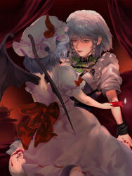 Rule 34 | 2girls, age difference, back bow, bat wings, blood, blue hair, bow, braid, candle wax, child, curtains, dress, earrings, eosatto (eo4tto), eye contact, facing another, hair between eyes, highres, indoors, izayoi sakuya, jewelry, looking at another, maid headdress, multiple girls, onee-loli, parted lips, pink dress, reclining, red bow, red eyes, remilia scarlet, short hair, touhou, twin braids, wings, yuri