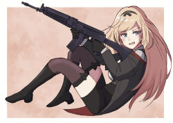 Rule 34 | 1girl, absurdres, assault rifle, black bow, black footwear, black gloves, black jacket, black skirt, blonde hair, blue eyes, boots, bow, brown background, brown thighhighs, commentary request, commission, from side, girls&#039; frontline, gloves, gun, haldeco, highres, holding, holding gun, holding weapon, jacket, long hair, long sleeves, looking at viewer, looking to the side, name connection, object namesake, off-shoulder jacket, off shoulder, open mouth, rifle, shirt, skeb commission, skirt, solo, stg-940 (girls&#039; frontline), thighhighs, thighhighs under boots, two-tone background, very long hair, weapon, white background, white shirt, wieger stg-940