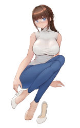 Rule 34 | 1girl, arm at side, arm support, bare arms, bare shoulders, blue eyes, blue pants, blush, bra, bra visible through clothes, breasts, brown hair, brown pantyhose, closed mouth, commentary request, denim, earrings, fingernails, glasses, grey sweater, high heels, highres, jeans, jewelry, knees up, large breasts, looking at viewer, nail polish, original, pants, pantyhose, pantyhose under trousers, peter pan (adtc7243), pink nails, ribbed sweater, see-through, shoes, sidelocks, simple background, single shoe, sitting, sleeveless, sleeveless sweater, sleeveless turtleneck, smile, solo, sweater, turtleneck, turtleneck sweater, underwear, unworn shoe, unworn shoes, white background, white bra, white sweater