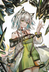 Rule 34 | 1girl, animal ear fluff, animal ears, arknights, black collar, breasts, cat ears, collar, cowboy shot, criss-cross halter, dress, ear piercing, green dress, green eyes, grey hair, hair between eyes, halterneck, highres, jacket, kal&#039;tsit (arknights), long sleeves, material growth, mido (mido chen), mon3tr (arknights), monster, off-shoulder dress, off shoulder, open clothes, open jacket, oripathy lesion (arknights), parted lips, piercing, see-through, short hair, simple background, small breasts, stethoscope, white background, white collar, white jacket